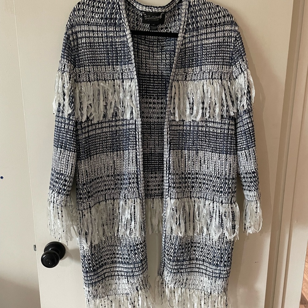 St. John Black and White Fringed Cardigan
